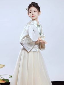 Champagne Colored Girls Traditional Chinese Costume Set Super Fairy Tale Elegant Middle to Large Children Tang Suit