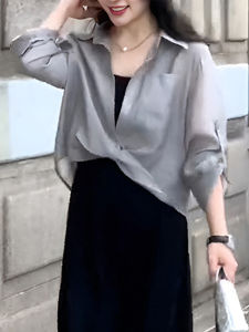 เสื้อเชิ้ตผู้หญิงแบบมีฮู้ดสไตล์เกาหลี ทรงหลวม แขนยาว ปกโปโล ผ้าโพลีเอสเตอร์ ปกโปโล เสื้อคลุมกันแดด เสื้อคลุมกันหนาว เสื้อคลุมกันหนาว แฟชั่นฤดูร้อน