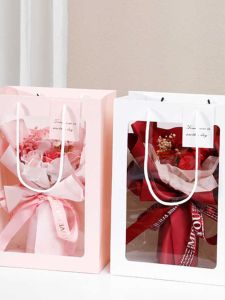 Chinese Valentines Day Showcase Gift Bag Bouquet Transparent Gift Bag Valentines Day Flowers Hand Handle Gift Bag Large Handheld Bag