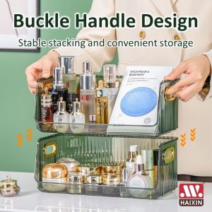 ชั้นวางเครื่องสำอาง ชั้นวางของบนโต๊ะ ดีไซน์เรียบหรู วางซ้อนได้ ชั้นเก็บเครื่องสำอาง หูจับสีทองดูหรูหรา (ชุด)