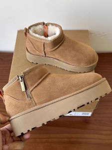 Thick Bottom Snow Boots Womens Short Casual Style Fur Lined Zipper Closure Warm Comfortable Leather Winter Shoes round Toe