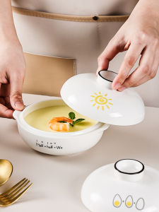 Baby Ceramic Steamed Egg Bowl with Lid Double Ear Home Use Porcelain Steamed Egg Pudding Bowl Nordic Style Dining Utensils