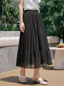 Basic House | Black Sequin Tulle A-Line Skirt Slimming High Waist