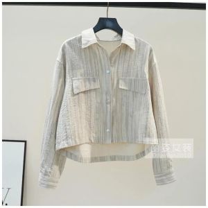 เสื้อเชิ้ตลายทางทรงหลวมสบาย ๆ สำหรับผู้หญิง เสื้อเชิ้ตผู้หญิงฤดูใบไม้ผลิและฤดูร้อน แขนยาว ปกโปโล เสื้อคลุมกันหนาว