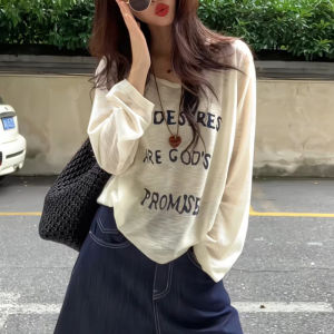 Shalldoer | Áo thun dài tay in chữ màu khối thời trang mùa hè cho nữ áo chống nắng rộng rãi thoải mái phong cách thường ngày chất liệu cotton