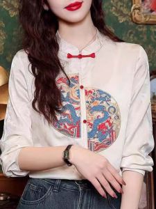 Retro Chinese Style Elegant Embroidered Shirt with Frog Buttons
