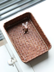 Handwoven Rattan Storage Basket Rectangular Kitchen Entryway Remote Control Key Storage Box Fork Chopstick Basket Miscellaneous Items Basket