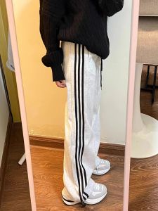 American Retro Striped Sports Pants Womens Thickened Pure Cotton Wide Leg Three Bars Casual Sweatpants High Waist Long Pants