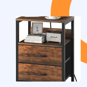 Nightstands with Charging Station 3 Layers Beside Table with 2 Wooden Drawers Solid Wood Side Table Sofa Side Storage Cabinet for Bedroom Living Room Kitchen