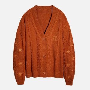 Áo Cardigan Len Chunky Màu Cam Lấp Lánh Thêu Sao Chỉ Vàng TS Cardigan Tay Cardi Dày Dặn Mùa Thu/đông