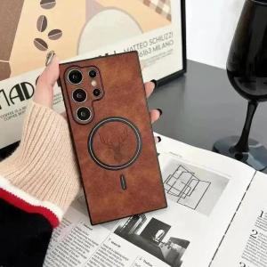 Cartoon Deer Head PU Leather Magnetic Case For Magsafe Samsung Galaxy S24 S25 Ultra S23 S22 Plus Ultra Magnetic Cover