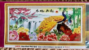 [ MỚI]Tranh đính đá công chim công hoa khai Phú quý lv079 KT 120x60cm[ TRANH HÀ ĐOÀN]