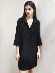 Miccbeirn | Elegant V-neck Silk Shantung Embroidered Dress Glittering Sequin High-end Feel Midi Shirt Dress Simple Commute Style Loose Waist