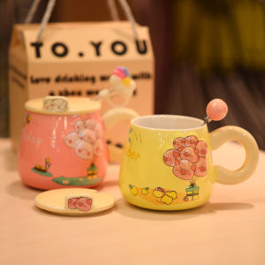 Creative Cartoon Ceramic Cup with Lid Office Home Use Milk Coffee Drinking Cup Couples Water Cup 400ml Capacity