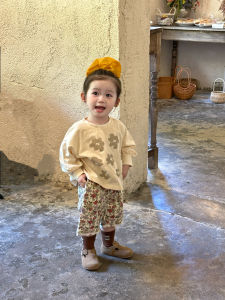 Girls Long Sleeve Hoodie Spring Autumn Floral Print Loose Baby Cotton Polyester Blend T-Shirt Childrens Korean Style Top