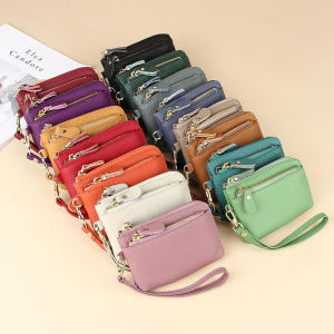 Top Layer Cowhide Leather Zipper Wallet Womens Coin Purse Small Handbag Multi-Card Slot Keychain Coin Change Bag
