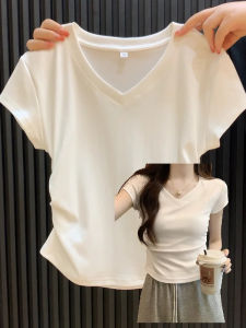 Slim Fit V-Neck Short Sleeve T-Shirt Womens Inner Wear Summer New Design Sensation White Gathered Waist Top Korean Style