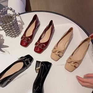 Giày Da Nhỏ Giày Một Lớp Da Bằng Sáng Chế Gót Vuông Miệng Nông Mẫu Mới Mùa Hè Giày Cao Gót Nữ Mũi Vuông Da Thật Mary Jane Sành Điệu