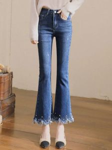 High Waist Fleece Lined Slim Fit Bell Bottom Jeans for Women Spring Summer Style Cotton Stretch Denim Deep Blue Nine Points