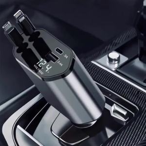 W&O 4-in-1 Vehicle Charger 120W Fast Charging Retractable Cable 2 USB Ports Compatible with All Vehicles iOS & Type-C