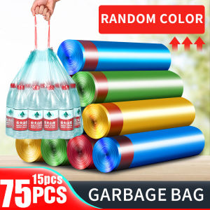 (75pcs)5Rolls 15pcs/Roll Drawstring Garbage Bag Automatic Closing Garbage Bag Thickened Garbage Bag Kitchen Plastic Bag Load-bearing Garbage Bag Disposable Bin Rubbish Bag