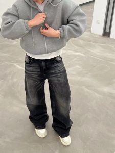 American Retro Washed Black Cleanfit Worn Cat Beard All-Matching Wide Leg Denim Men and Women Lazy Fall and Winter