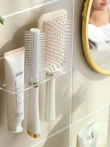 Bathroom Wall Mounted Comb Razor Storage Rack Acrylic Polished Surface Single Layer No Drilling Required Vanity Shelf