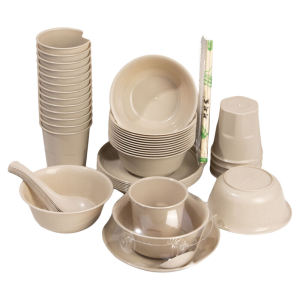 Disposable Dinnerware Set Rice Husk Chinese Style Four-Piece Set Bowl Plate Cup Chopsticks Spoon for Hotel Banquets and Barbecues