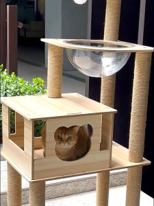 SKISOPGO คอนโดแมวไม้ พร้อมโดมนอนแบบใส บ้านแมว แข็งแรง เสาลับเล็บแมวได้ สูง 135-178 cm