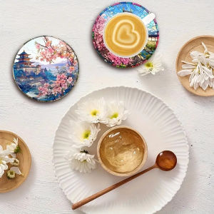 6pcs 2D Japanese Cherry Blossom Flat Round Wooden Coaster Exquisite Landscape Design Tea Coffee Cup Coaster Various Cup Shapes