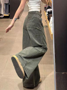 plus Size American Style Military Green Denim Pants High Waist Wide Leg Casual Jeans for Women Spring Autumn Loose Fit