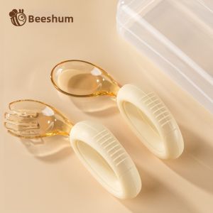 Beeshum | Infant Silicone PPSU Curved Training Fork and Spoon Soft Self-Feeding Set