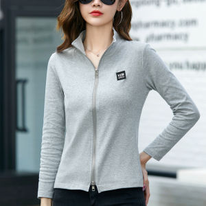 เสื้อสเวตเตอร์คอปกตั้งแขนยาวผ้าฝ้ายแท้ฤดูใบไม้ร่วงสำหรับผู้หญิง เสื้อคลุมคาร์ดิแกนแบบมีซิปบาง เสื้อคลุมกีฬา เสื้อคลุมกันหนาว เสื้อคลุมกันหนาว