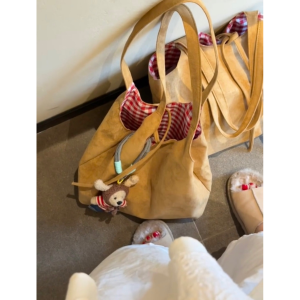 Retro Korean Suede Shoulder Bag Large Capacity Commuter Tote Casual Checkered Lazy Style Handbag Womens Fashion Bag