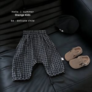 Summer Cartoon Print Boys Outfit Set Loose Fit Plaid Pants