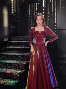 DINNER DRESS Burdy New Textured Long Sleeve Long Evening Womens Elegant Dresses 韩式酒红色宴会晚礼服气质轻奢大气
