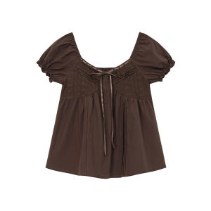 NIHAOKANONG | Áo Thun Mùa Hè Thời Trang Cổ Vuông Thêu Puff Tay Vintage