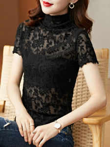 เสื้อยืดคอวีลูกไม้สไตล์เกาหลีสำหรับผู้หญิงในช่วงฤดูร้อนปี 2022 เสื้อเชิ้ตแขนสั้นทรงเข้ารูปแบบสวมหัว