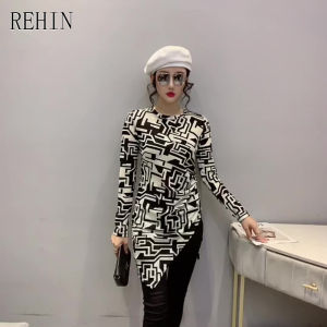 REHIN เสื้อเชิ้ตผู้หญิง ลายดอกไม้ คอกลม แขนยาว เสื้อเบลาส์บางเฉียบ