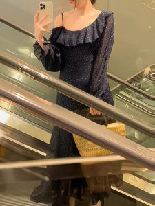 Shalldoer | French Polka Dot Ruffle Sleeveless Summer Dress Womens Floral Print Asymmetrical Hemline Casual Style Polyester Fabric Gown