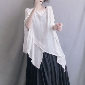 plus Size Womens Clothing Stylish Solid Color Irregular Top Plus Size Ladies round Neck All-Matching Slim Fit Slimming Bat Sleeve T-shirt