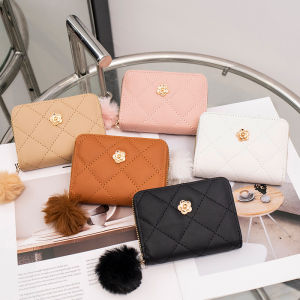 New 2024 Embroidered Diamond Pattern Short Wallet for Women Casual Hardware Decoration Floral Ball Ladies Purse Soft PU Leather