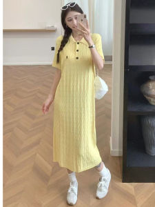 MAMABENSE | Maternity Dress Yellow Short Sleeve Cable Knit Turn-down Collar A-line Loose Mid-length