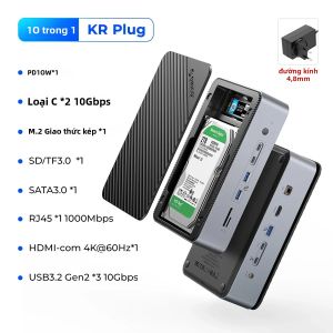 Trạm Nối 10 Trong 1 ORICO Với Ổ Cứng Kép M.2 NVME SSD 3.5 Vỏ Ổ Cứng HDMI 4K60Hz PD100W Ethernet USB Type-C Hợp Kim Nhôm