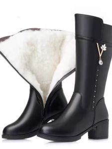 Leather Mid-Calf Boots Women Winter Wool High Heel Long Boots Fleece Lined Mom Shoes Cotton Shoes Fashionable Booties