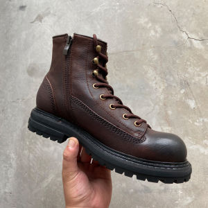 รองเท้าบูทมาร์ตินพื้นหนาแนววินเทจแบบใหม่ฤดูใบไม้ร่วงและฤดูหนาวรองเท้าบูทสไตล์เวิร์คแวร์ลำลองมีซิปทำให้ดูเก่าแนวญี่ปุ่นสำหรับผู้ชายรองเท้าหนังแท้ข้อสูง