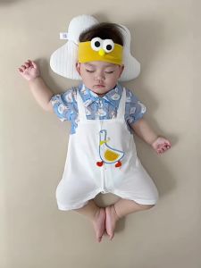 Bộ Áo Liền Quần Tay Ngắn Bằng Cotton In Họa Tiết Vịt Hoạt Hình Phong Cách Hàn Quốc
