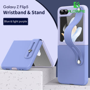 FLOVEME Stylish Double Color Wristband Stand Phone Case For Samsung Galaxy Z Flip 6 Z Flip 5 4 3 5G Foldable All-inclusive Leather+Hard PC Shockproof Protective Back Cover For Galaxy Z Flip 6 Z Flip 5 4 3