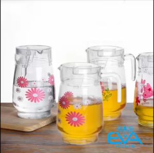 Bình Thuỷ Tinh Đựng Nước 1.6L Quai Cầm Miệng Rót Bầu In Hoạ Tiết DDH-1E Floral Pattern Glass Pitcher Tivoli Jug 1600 ML