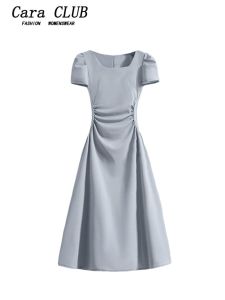 Cara Club Plus Size French Tea Break Short Sleeve Dress Womens Summer Fat Sister Waist-Tight Slim Looking Chiffon A- line Skirt